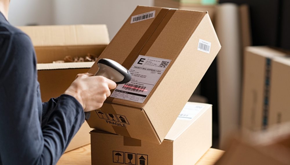 Hands,Scanning,Barcode,On,Delivery,Parcel.,Worker,Scan,Barcode,Of