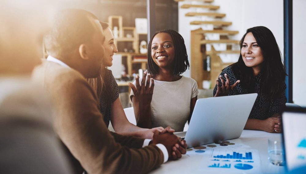 Business,People,,Conversation,And,Laptop,Data,With,Planning,And,Strategy