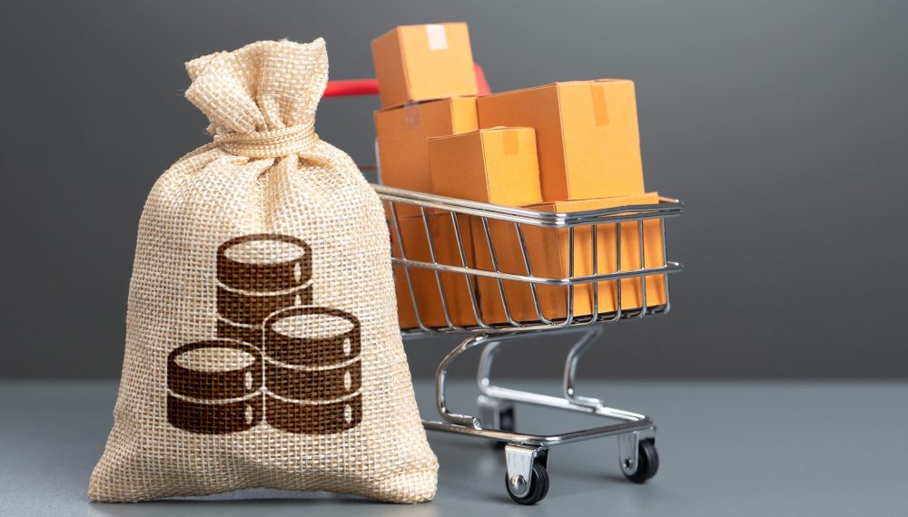 Money,Bag,And,Cart,With,Goods.,Consumer,Basket.,Prices,And Money,Bag,And,Cart,With,Goods.,Consumer,Basket.,Prices,And