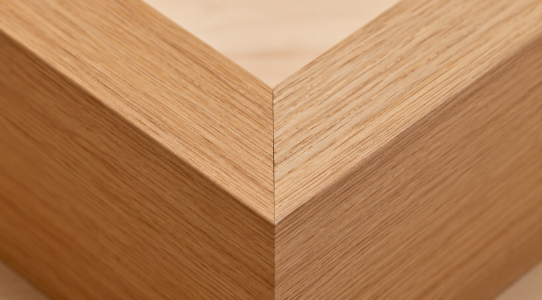 A close-up of a perfectly flush and tight 45-degree wooden corner joint, showing the result of fixing inaccurate miter joints.