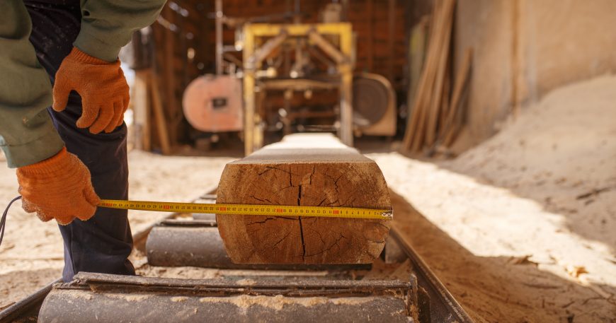 A worker measuring the diameter of a cut log at a sawmill, illustrating the process of reading wood grain direction and growth rings.